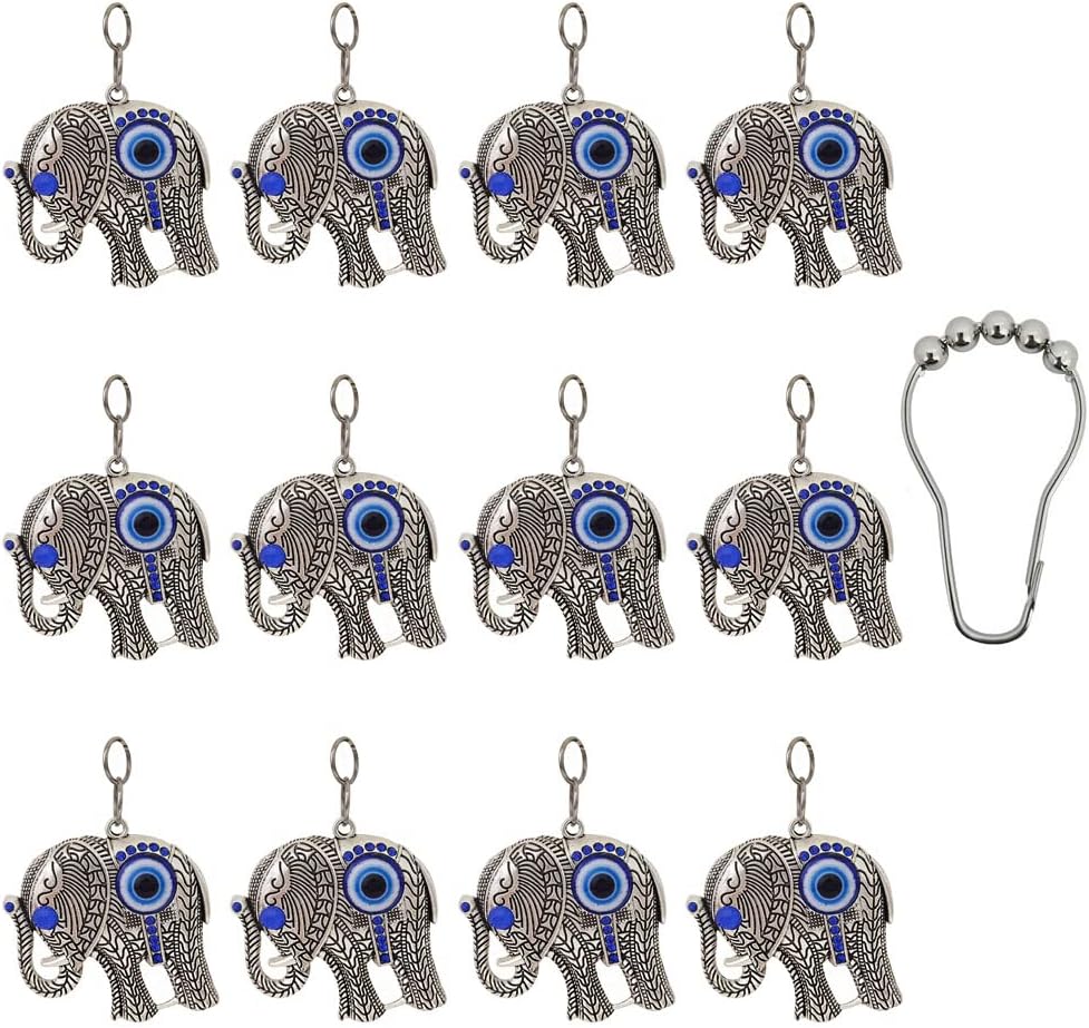 Decorative Elephant Shower Curtain Hooks Rings for Bathroom, Rust Proof Stainless Steel Curtain Ring Set of 12 with Unique Pendant Blue Eye Beads Elephant Theme Bathroom Decor Accessories