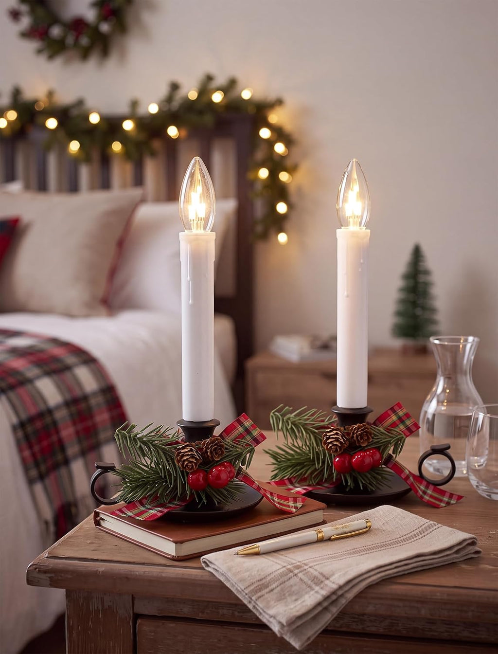 4PK Christmtas Window Candle Light, 10" LED Antique Black Candlestick