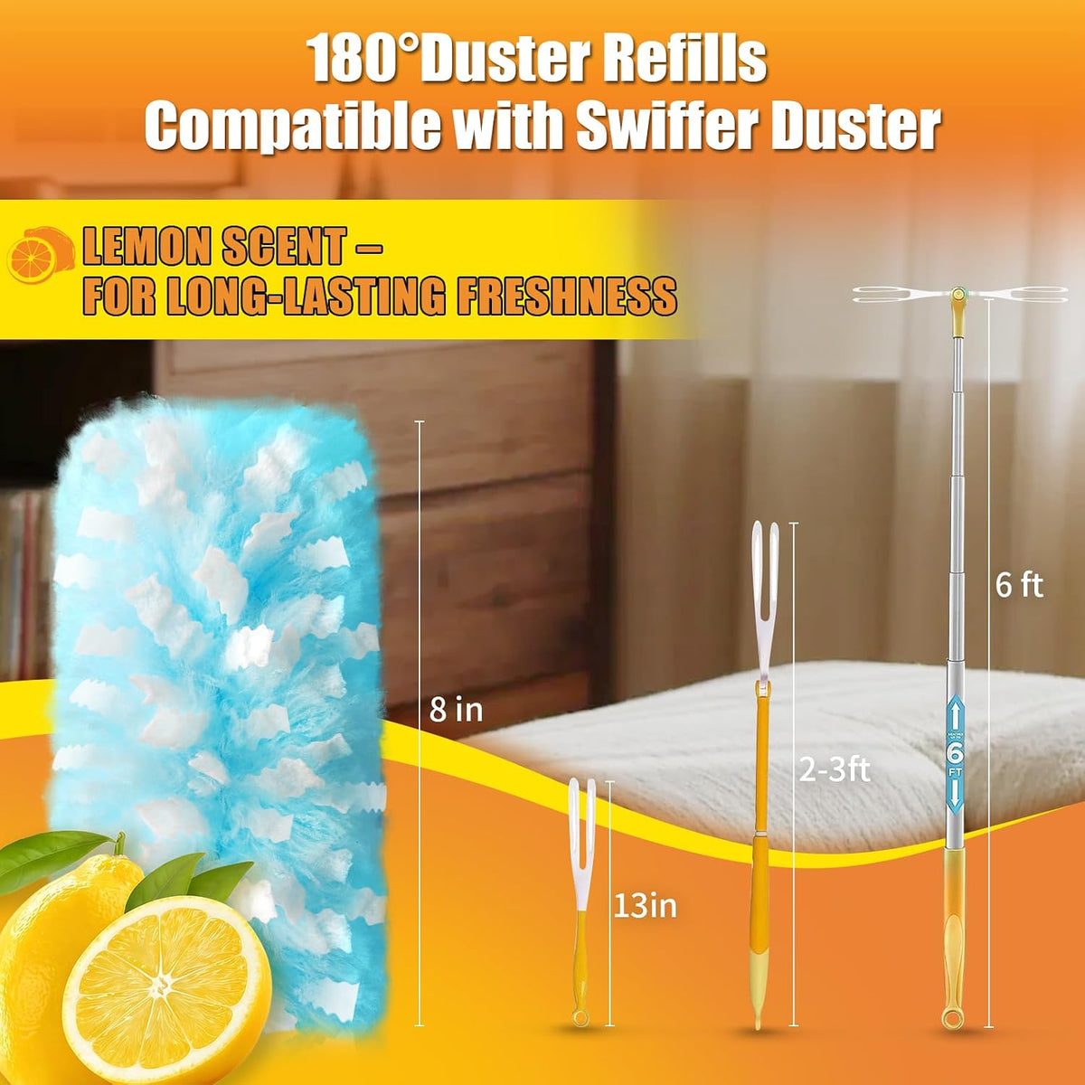 80 Count Duster Refills Compatible with Swiffer Duster, 180°Disposable Multi-Surface Microfiber Cleaning Dusters, Lemon Scent