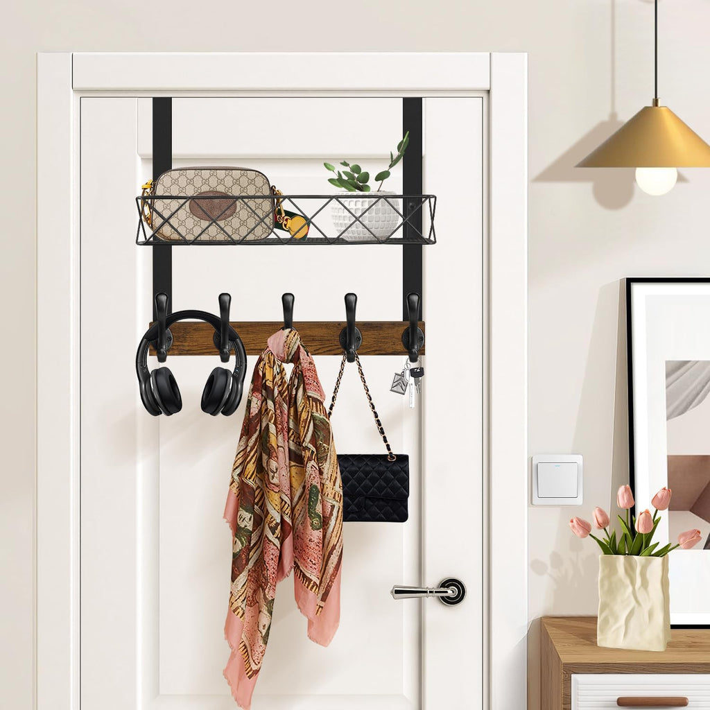 YINMIT Over The Door Hooks Organizer, Over The Door Hanger with Basket, Over The Door Towel Rack with 5 Metal Hooks, Over Door Hanger for Bathroom, Bedroom, Kitchen