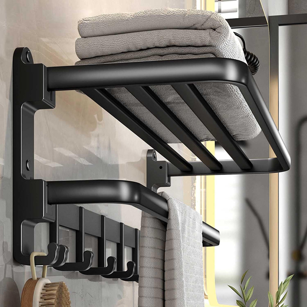 (1 Pack) Yariwiz Matte Black Towel Rack Wall Mounted No Drill and Screw Mounting, Bathroom Bath Shower Length 24 inch Double Towel Rod with Shelf Hotel Towel Rack B0503-MB