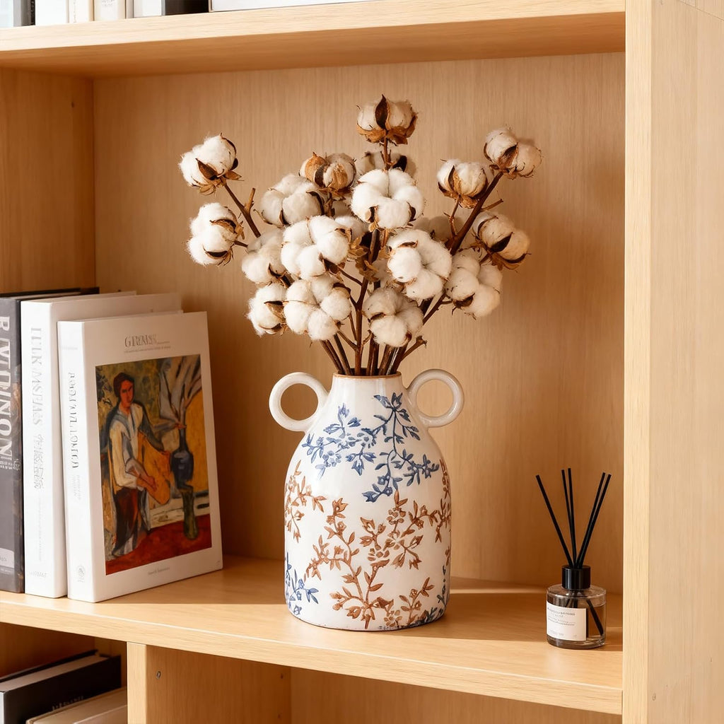 Blue Floral Ceramic Vase with Handle, Nordic Boho Small Vases Side Table Flower Centerpiece, Wide Mouth Single Flower Vase Pampas Grass Decorative - for Home Window Sill Living Dining Room Kitchen