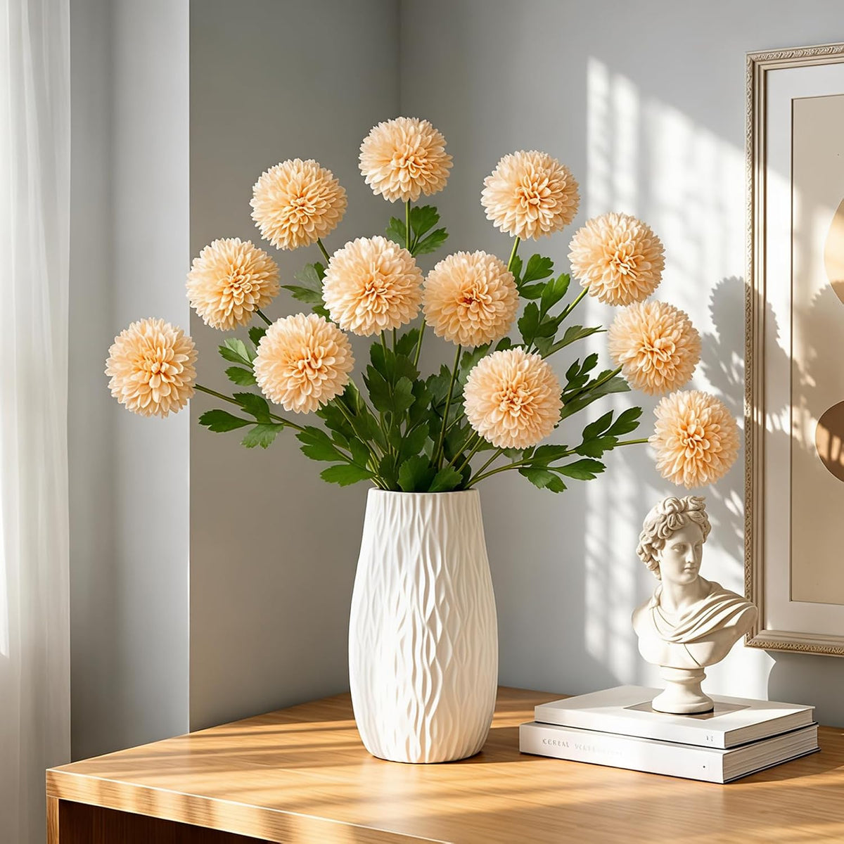 Artificial Flowers Faux Mums, Real Looking Flores Artificiales para Decoration, Faux Flowers Silk Chrysanthemum -28.34'', 12 Flowers for Decoration Indoor, Table Centerpieces(4, Champagne)