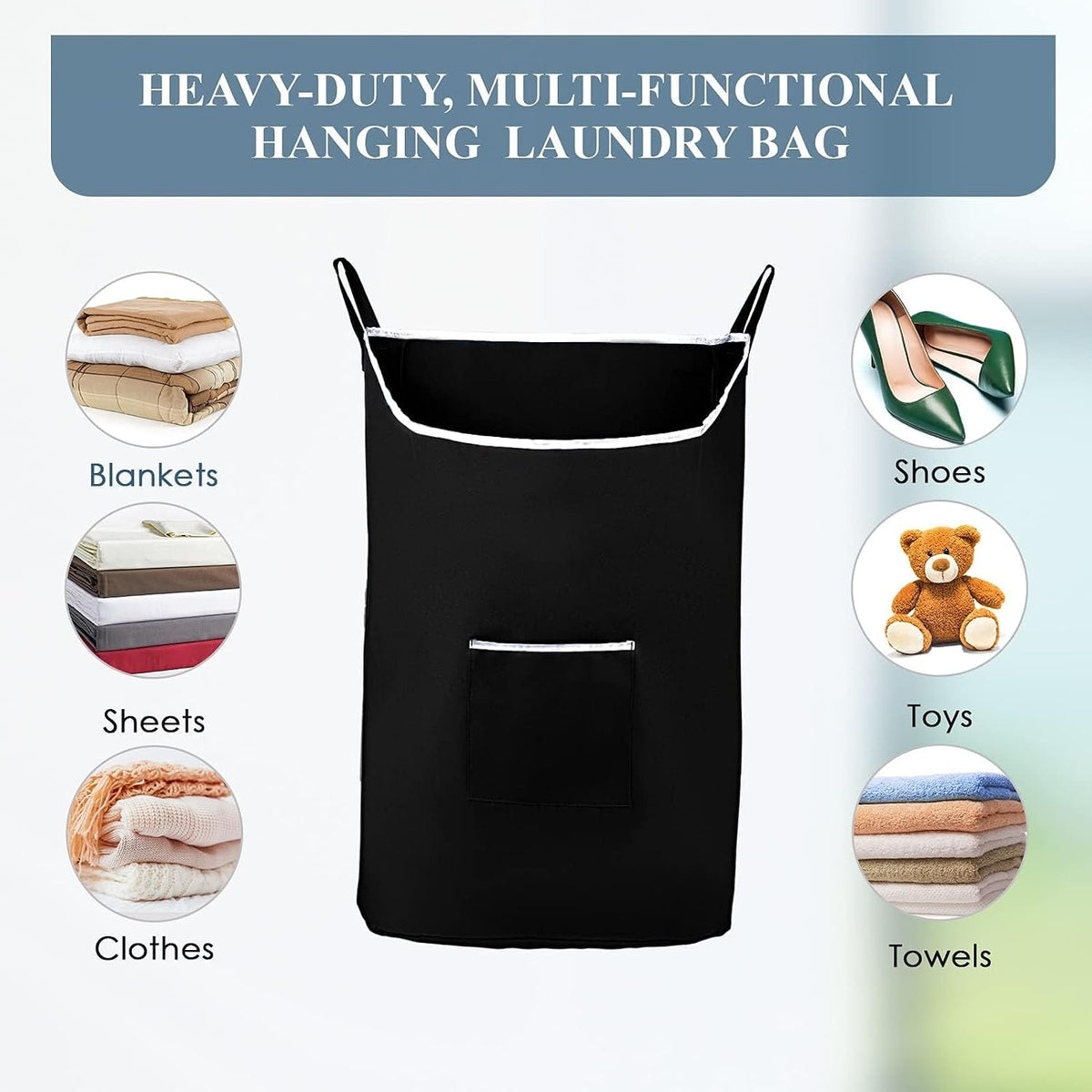 TFLC X-Large Hanging Laundry Hamper bag, 20x3.75x31", Black-XL