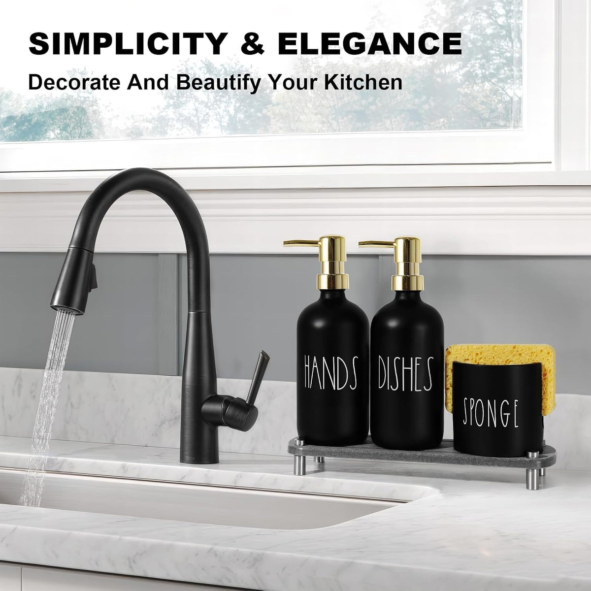 Hand and Dish Soap Dispenser Set, Kitchen Soap Dispenser Set with Sponge Holder, Black Glass Dish Soap Dispenser for Kitchen with Gold Pump, Instant Dry Tray, 17 fl oz Farmhouse Kitchen Decor