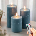 Dusty Blue Flameless Candles with Remote Timer, Battery Operated, Set of 3