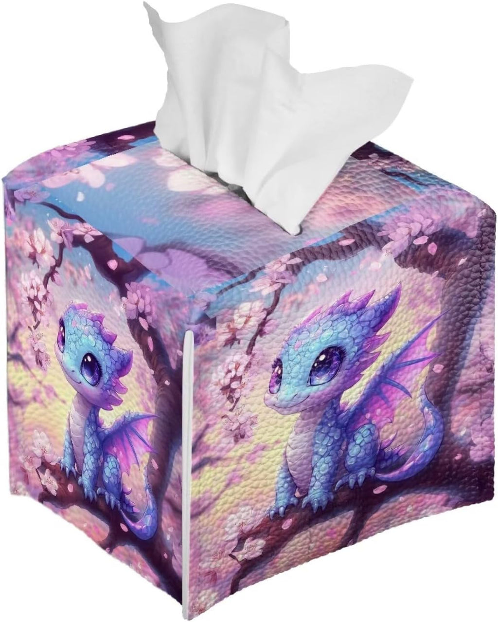 Dragon Cherry Blossom Tissue Box Cover 5.1x5.1x5.1'' Tissue Holder Napkin Dispenser for Home Office Car, Pu Leather Square Napkin Facial Paper Holder Organizer