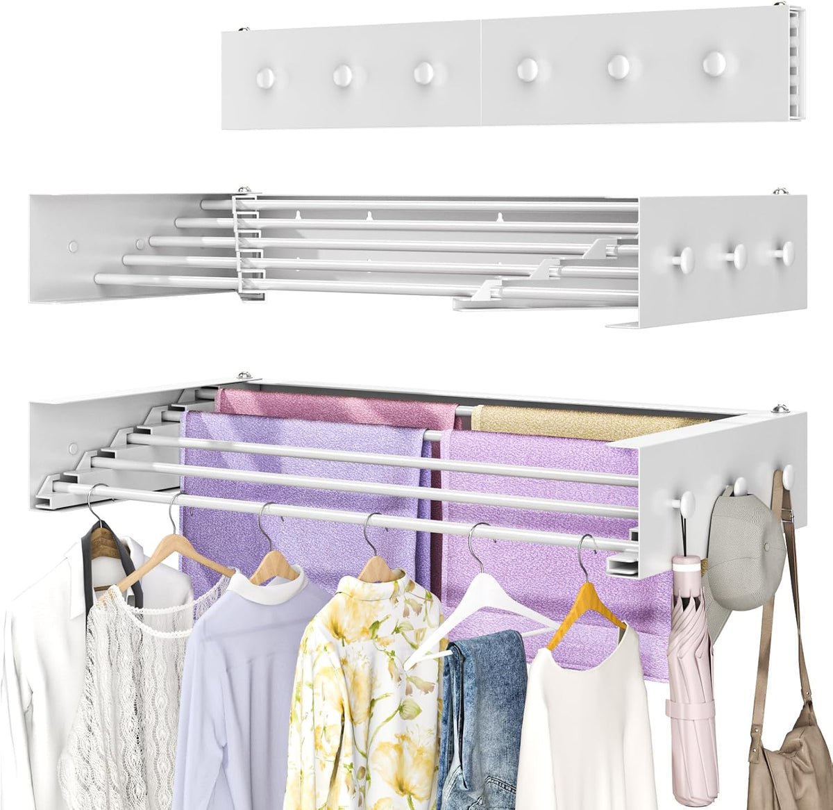Wall Mounted Clothes Drying Rack with Stainless Steel Rods, Laundry Drying Rack for Apartments, Balconies, and Small Spaces Designed for Hanging Towels, Coats, and Hats.