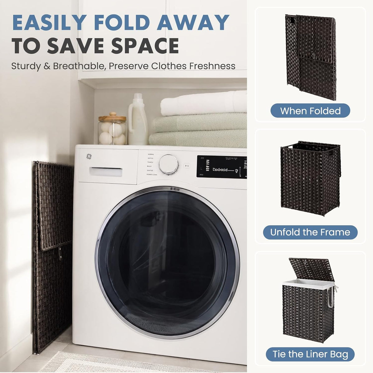 DUMOS Laundry Basket with Lid, 90L Wicker Laundry Hampers, Chestnut Brown