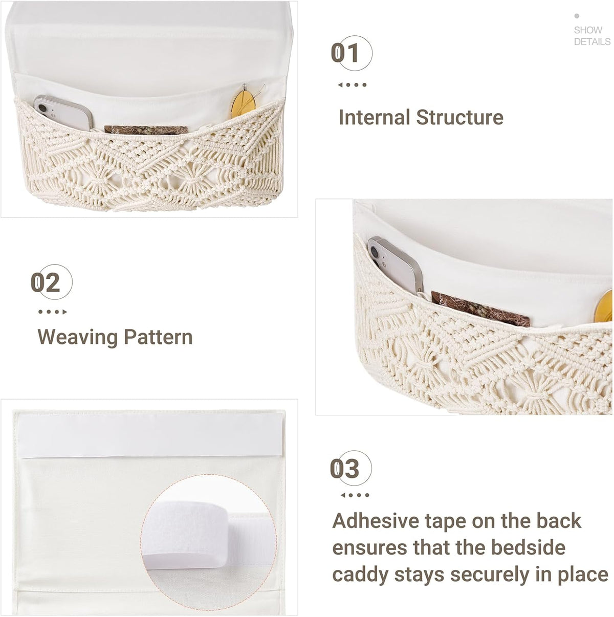 Mkono Macrame Bedside Caddy, Boho Bed Storage Organizer, 4 Pockets Ivory