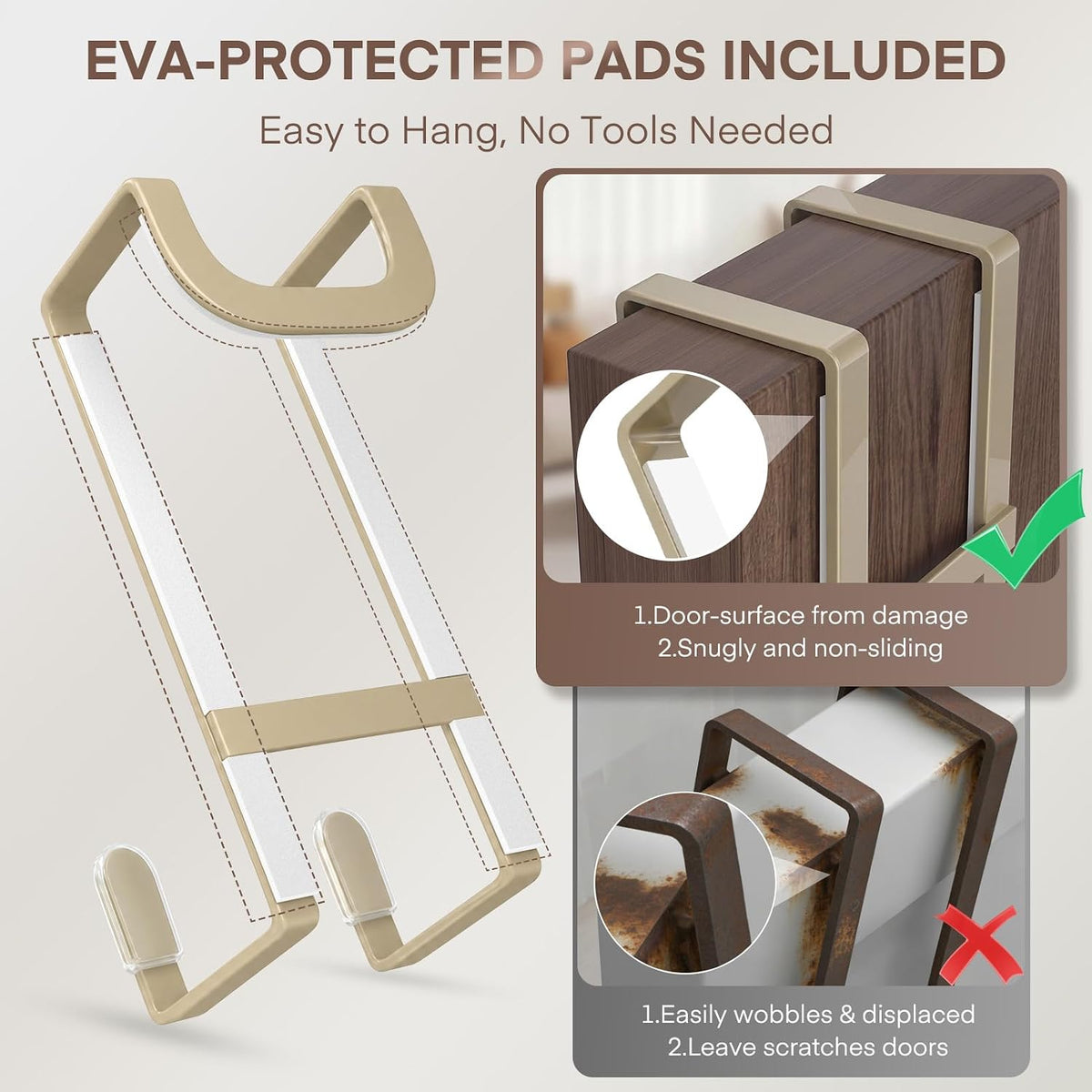 FYY 2 Packs Over The Door Hooks, Heavy Duty Door Hanger Hook, No Drill Wall Hooks for Hanging Coat, Towel, Bag in Bathroom, Closet Fits Most Doors Up to 1-7/8" Thickness （Pale Brown）