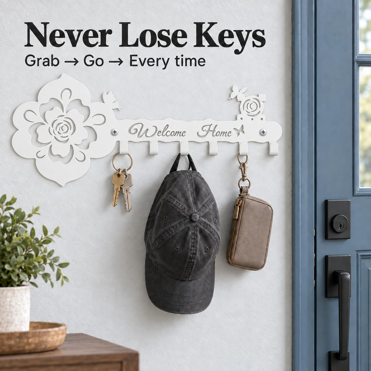Deveosa Key Hooks Holder for Wall Decorative - Small White Entryway Welcome Home Sign Key Hanging Hangers Wall Mounted Racks