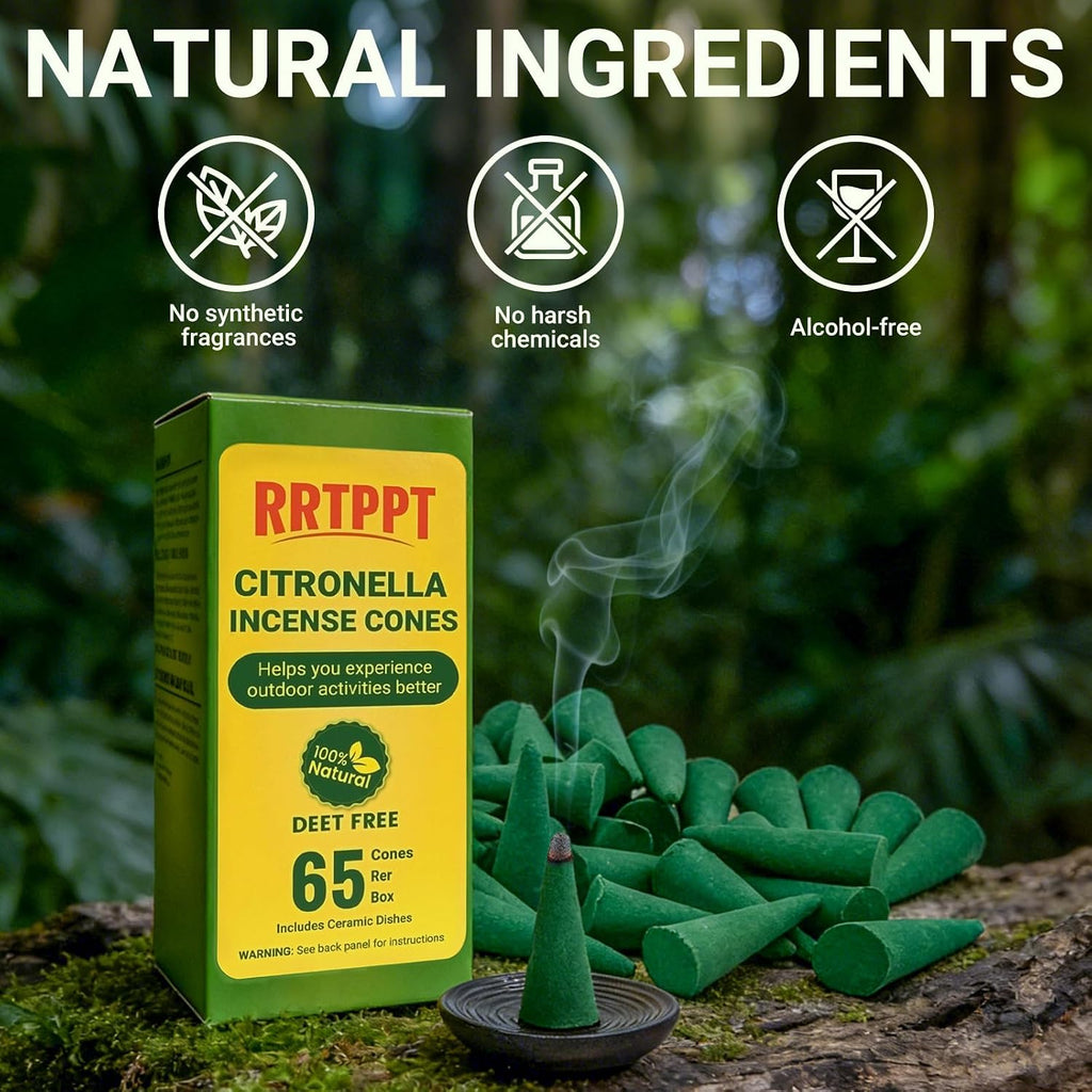 Citronella Incense Cones with Ceramic Dishes | Made with Plant-Based Ingredients | Citronella | Lemongrass Oil | Rosemary Oil | Suitable for Indoor and Outdoor Use (65 Cones)