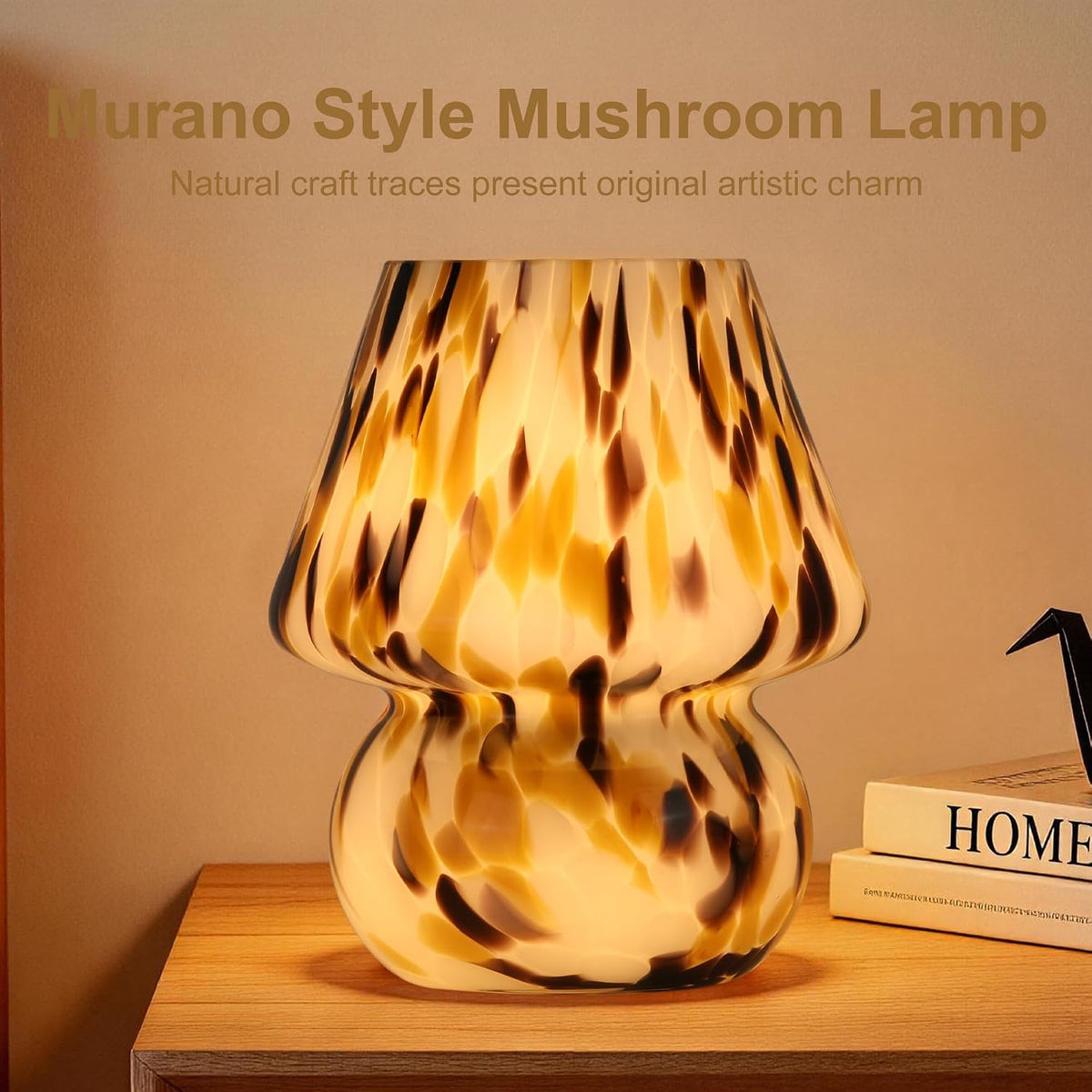 Mushroom Lamp with LED Bulb, Small Glass Bedside Lamp, Brown&White