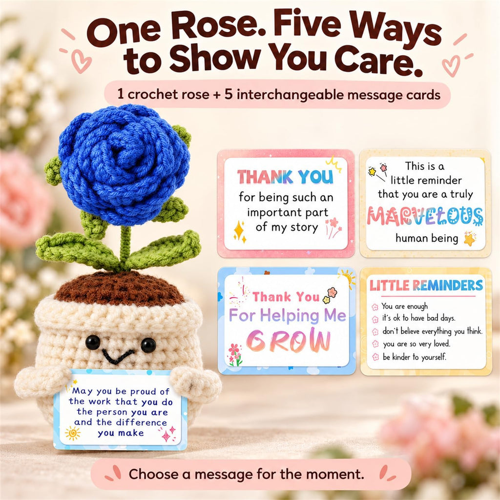 Emotional Support Crochet Positive Rose Flower Inspirational Gifts for Men, Father's Day Birthday Thank You Gifts from Son Daughter Handmade Knitted Plant w/Card for Desk Decor