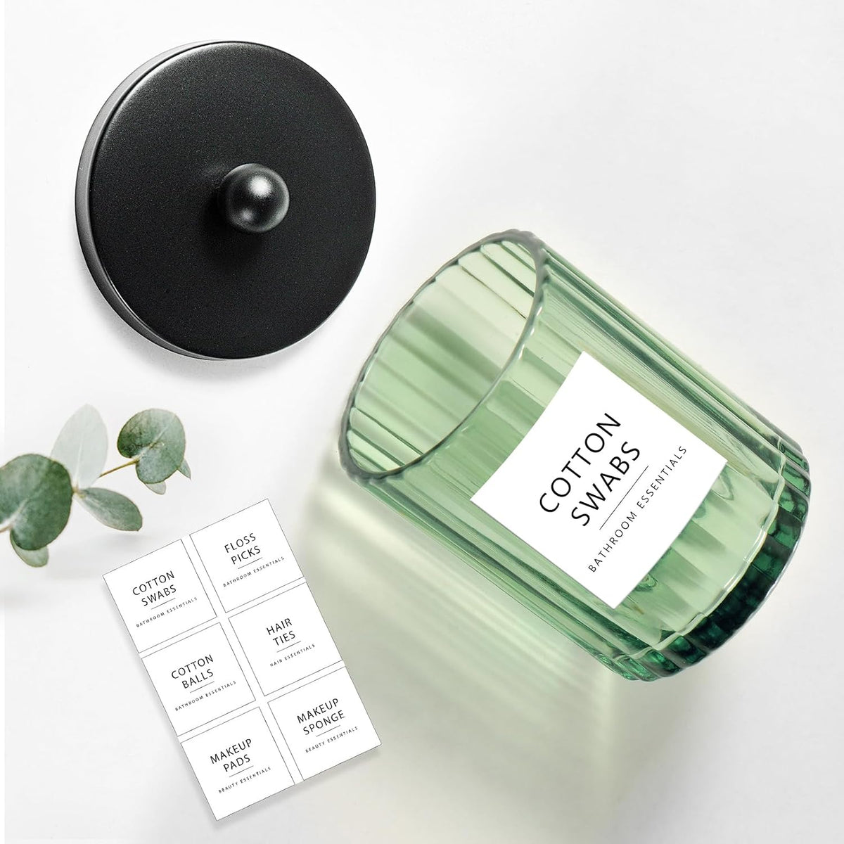 Amolliar Green Glass Apothecary Jar, Qtip Holder for Bathroom(Black 2 Pack)