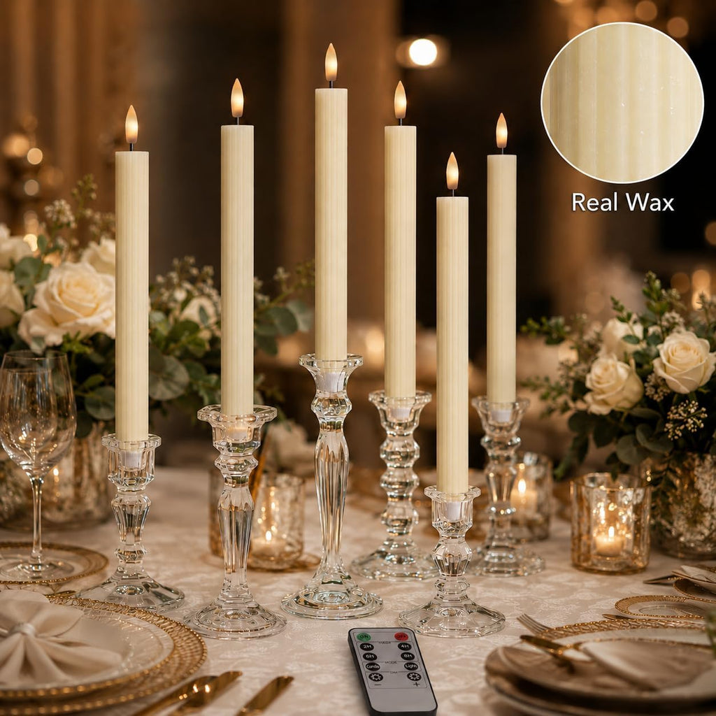 10" Fluted Ribbed LED Ivory Grooved Real Wax Taper Candles, Remote & 24h Timer Memory, On/Off Switch - Flameless Dimmable Battery Operated w/Flicker Mode, Home Wedding Decor (6 Pack)