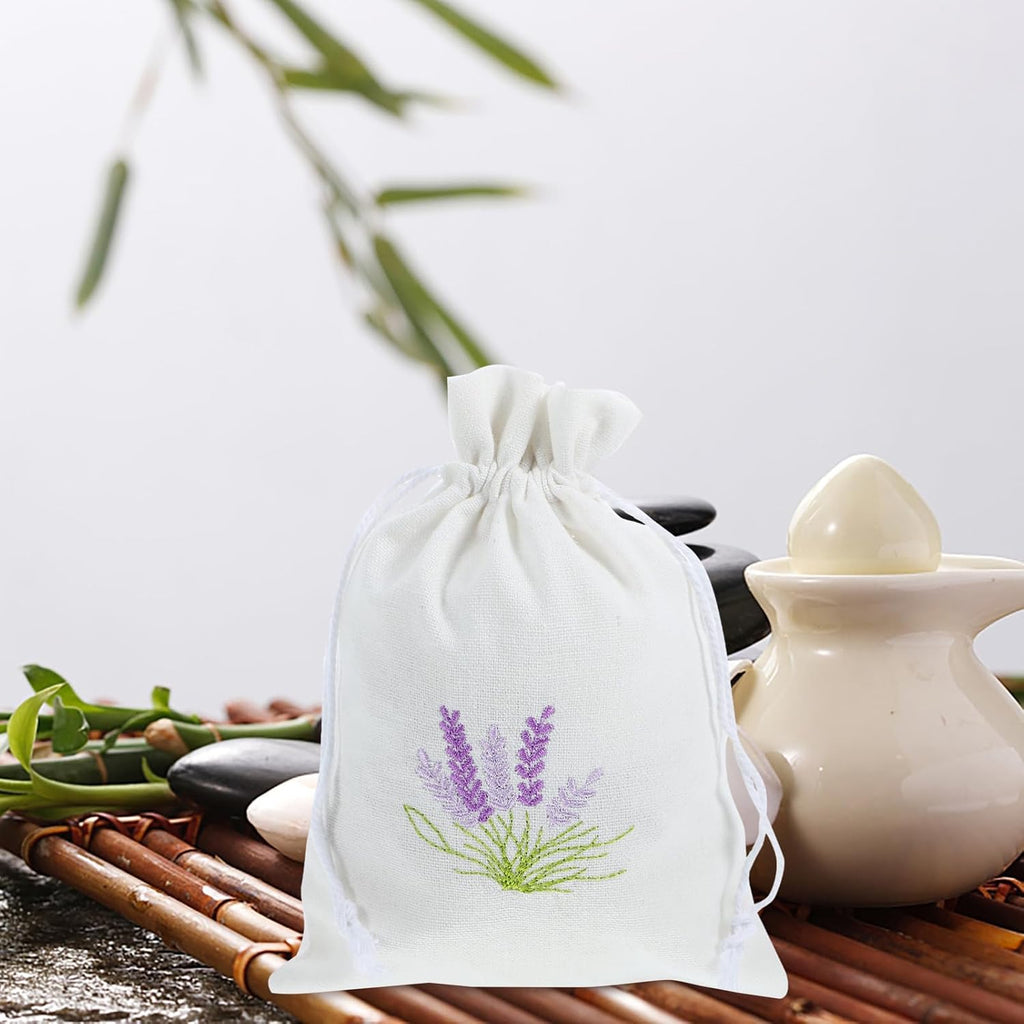 blissfulmilo 10pcs Sachet Bags,Cotton Drawstring Bags,Lavender Pouches, Small Jewelry Pouch Empty Sachet Bags with Lavender Pattern for DIY Wedding Party Supplies