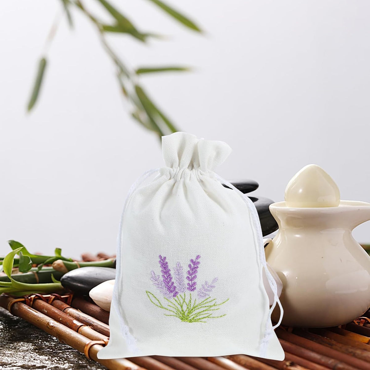 blissfulmilo 10pcs Sachet Bags,Cotton Drawstring Bags,Lavender Pouches, Small Jewelry Pouch Empty Sachet Bags with Lavender Pattern for DIY Wedding Party Supplies