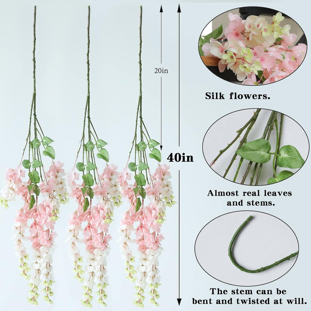 Dailisen 3 Strands 40'' Silk Blush Wisteria Artificial Flowers, Fake Wisteria Floral Hanging Plant Garland, for Home Decor, Party, Floor Vase, Balcony, Wedding Arrangement Decoration (Blush)