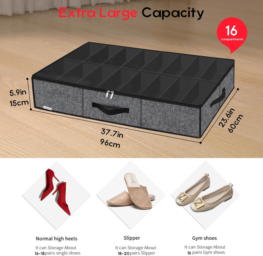 Onlyeasy Sturdy Under Bed Shoe Storage Organizer with Handles and Clear Window Fit 16 to 32 Pairs, Premium Foldable Shoes Container Box for Closet, 37.7x 23.6x 5.9 inch, Cotton-like Black, MXBUBS16P2