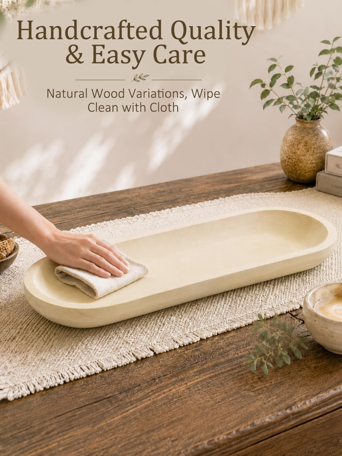 25.5'' Wooden Dough Bowls for Decor, Wood Long Decorative Bowl, White