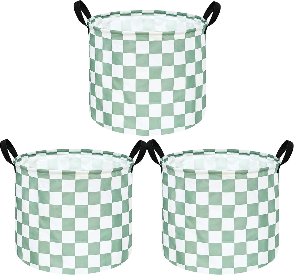 MAIZMZ 3 Pack Sage Checkered Storage Baskets Kids Hamper,Girls Room Decor,15.7"D x13.3"H, Waterproof Lining,Collapsible for Laundry, Toys, Clothes, Gift Set