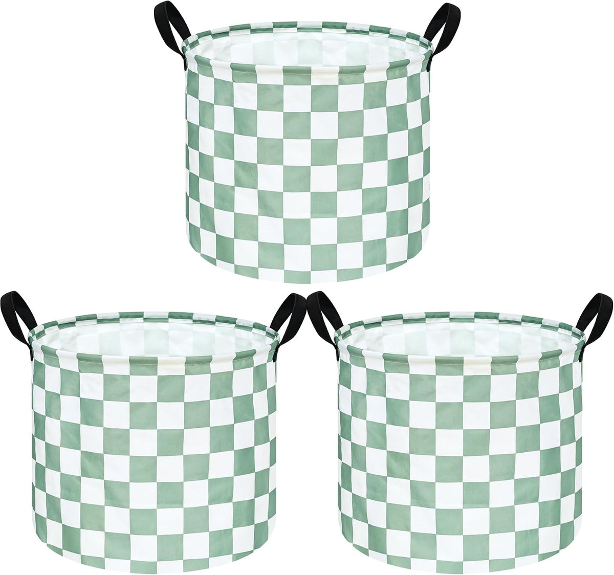 MAIZMZ 3 Pack Sage Checkered Storage Baskets Kids Hamper,Girls Room Decor,15.7"D x13.3"H, Waterproof Lining,Collapsible for Laundry, Toys, Clothes, Gift Set