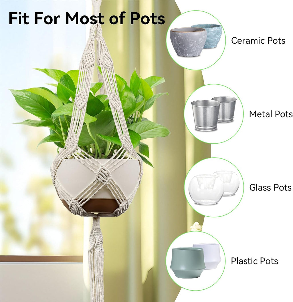 USLAI Macrame Plant Hanger, for Up to 12 Inch Pots, 42 Inch, Ivory, 2 Pack