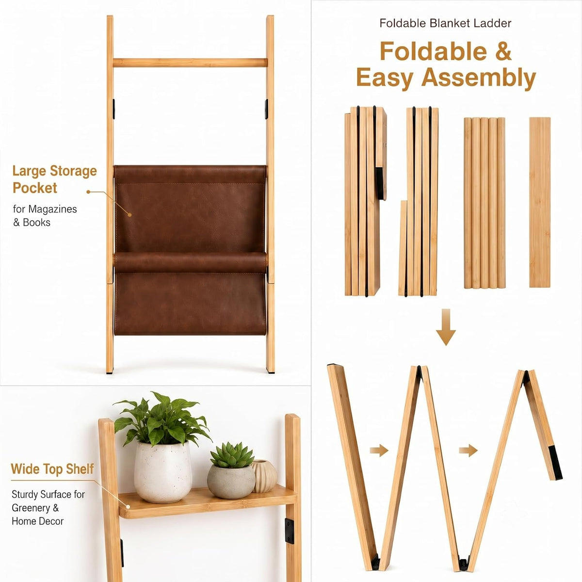 BAMBANG 71" 4-in-1 Blanket Ladder for Living Room, 5-Tier Leaning Bamboo Decorative Towel & Quilt Rack with Magazine Leather Pocket, 4 Detachable Hanging Bars, Space-Saving Shelf for Bedroom (Natural)