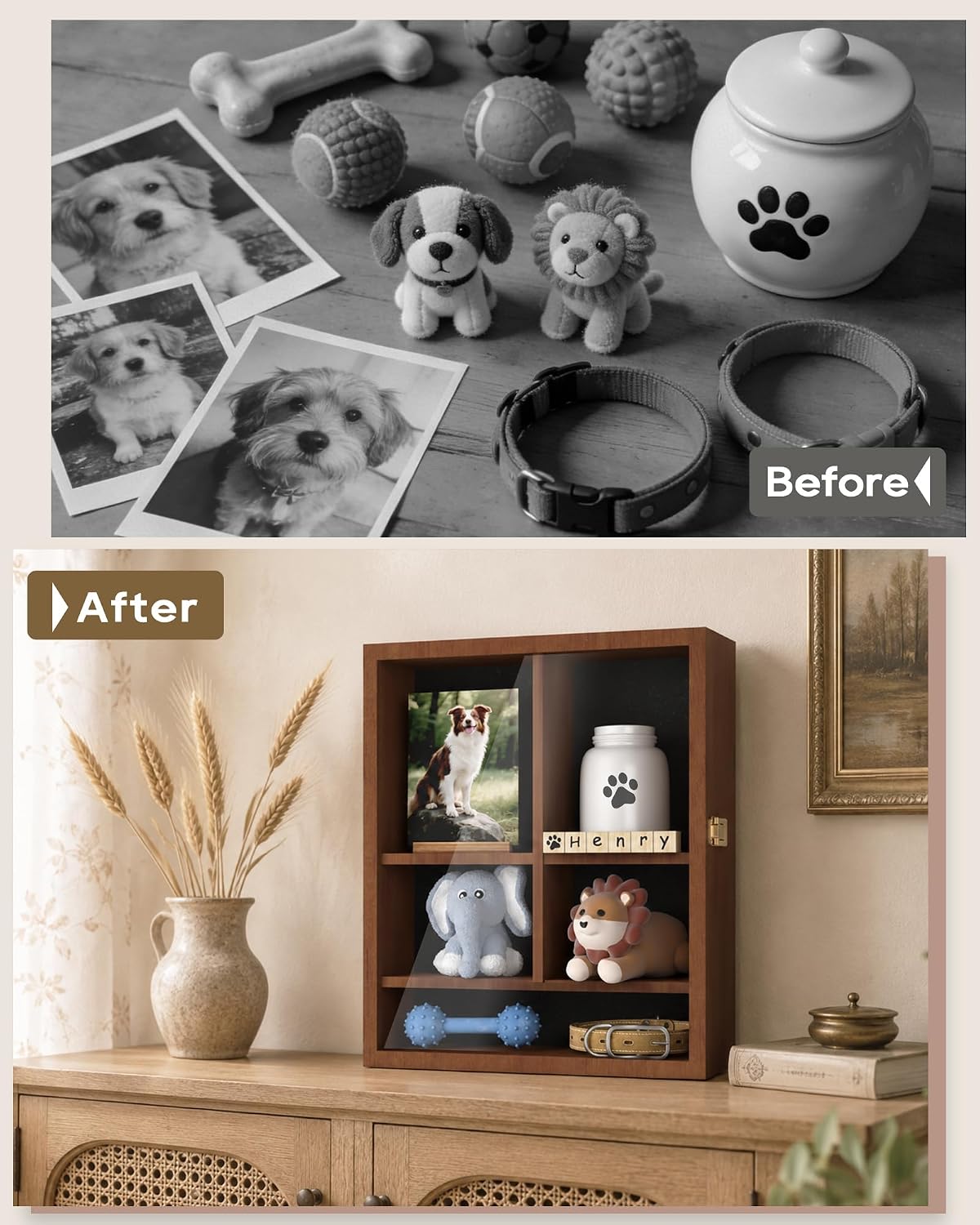 Pet Memorial Shadow Box, Dog Memorial Shadow Box with Adjustable Shelves & Pin-Back Board, Wooden Pet Memorial Box for Ashes, Photos & Keepsakes, Loss of Pet Sympathy Gift, in Memory of Dog Brown