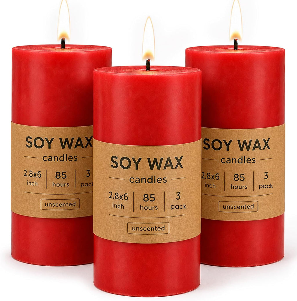 Red Soy Pillar Candles,3 Pack,2.8 x 6 Inch,Unscented,85-Hour Burn