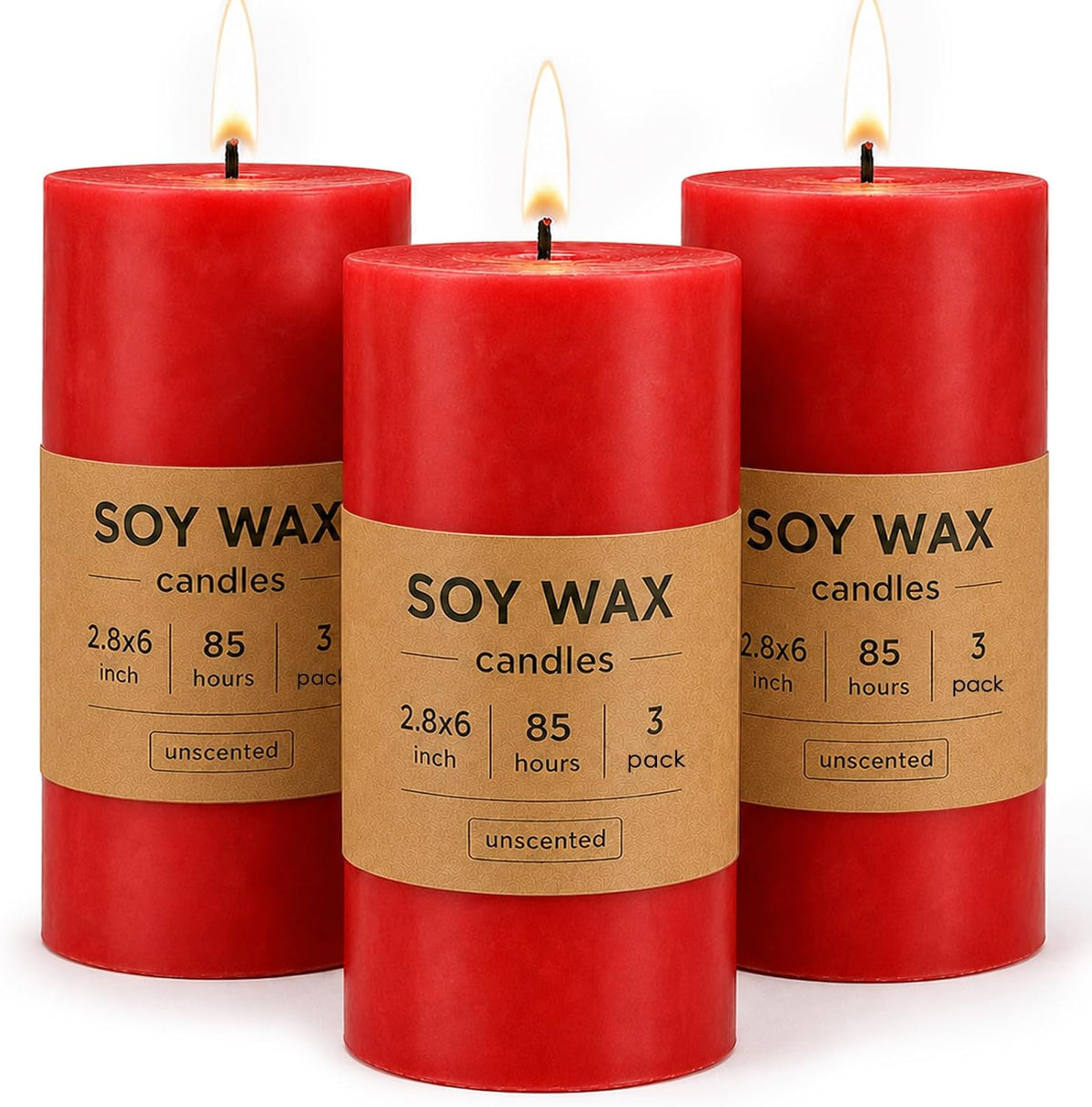 Red Soy Pillar Candles,3 Pack,2.8 x 6 Inch,Unscented,85-Hour Burn