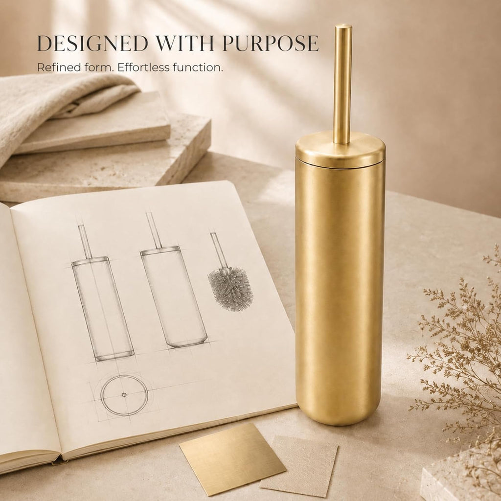 Chrome Toilet Brush and Holder Set，Extra Long Handled Toilet Bowl Brush and Holder，Stainless Steel Heavy Duty Toilet Brush for Bathroom,Deep Cleaning Modern Toilet Cleaner Slip Base (Gold)