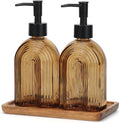 Glass Soap Dispenser Set with Wooden Tray, 11.6Oz Refillable Liquid Modern Soap Dispenser with Plastic Pump for Hand and Dish Set for Bathroom Countertop Decor (Amber)