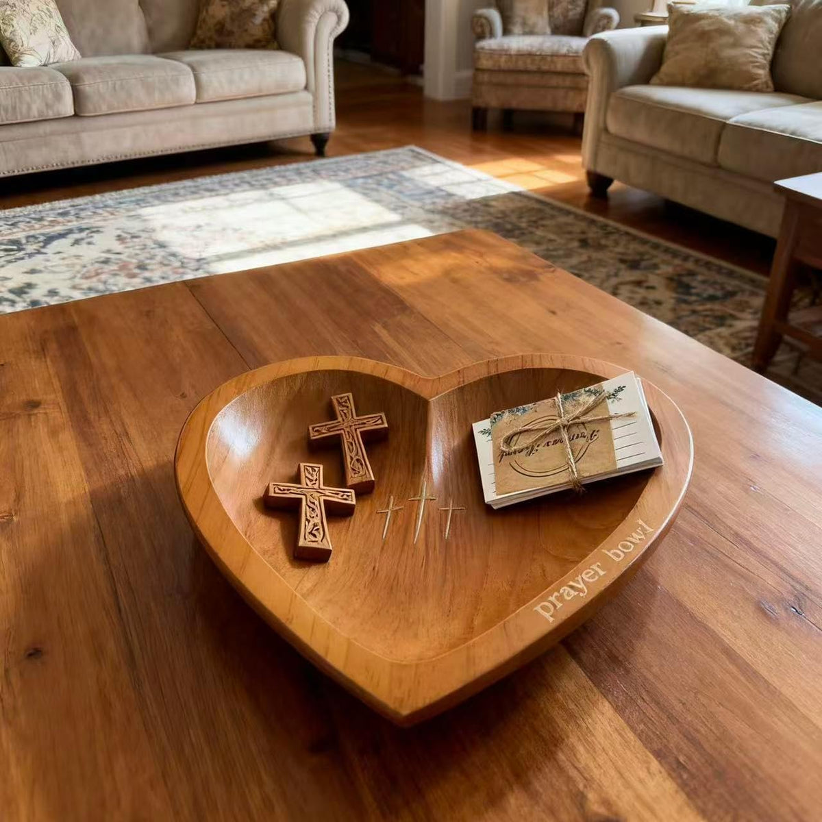 Heart Prayer Bowl with 24 Cards, Christian Heart Shaped Wooden Dough Bowl, Handcrafted Prayer Request Bowl, Religious Gift for Women, Mom, Baptism, Church, Thanksgiving & Christmas Decor