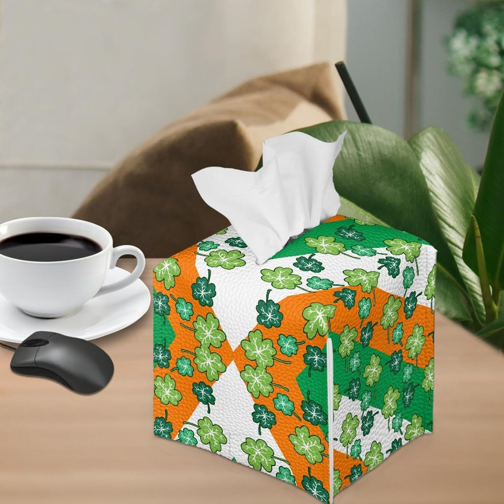 Happy St.Patrick's Day Napkin Tissue Box Cover PU Leather Modern Cube Tissue Case Holder for Bedroom Dresser, Tabletop, Nightstand, Dining Table Home Decoration,Green