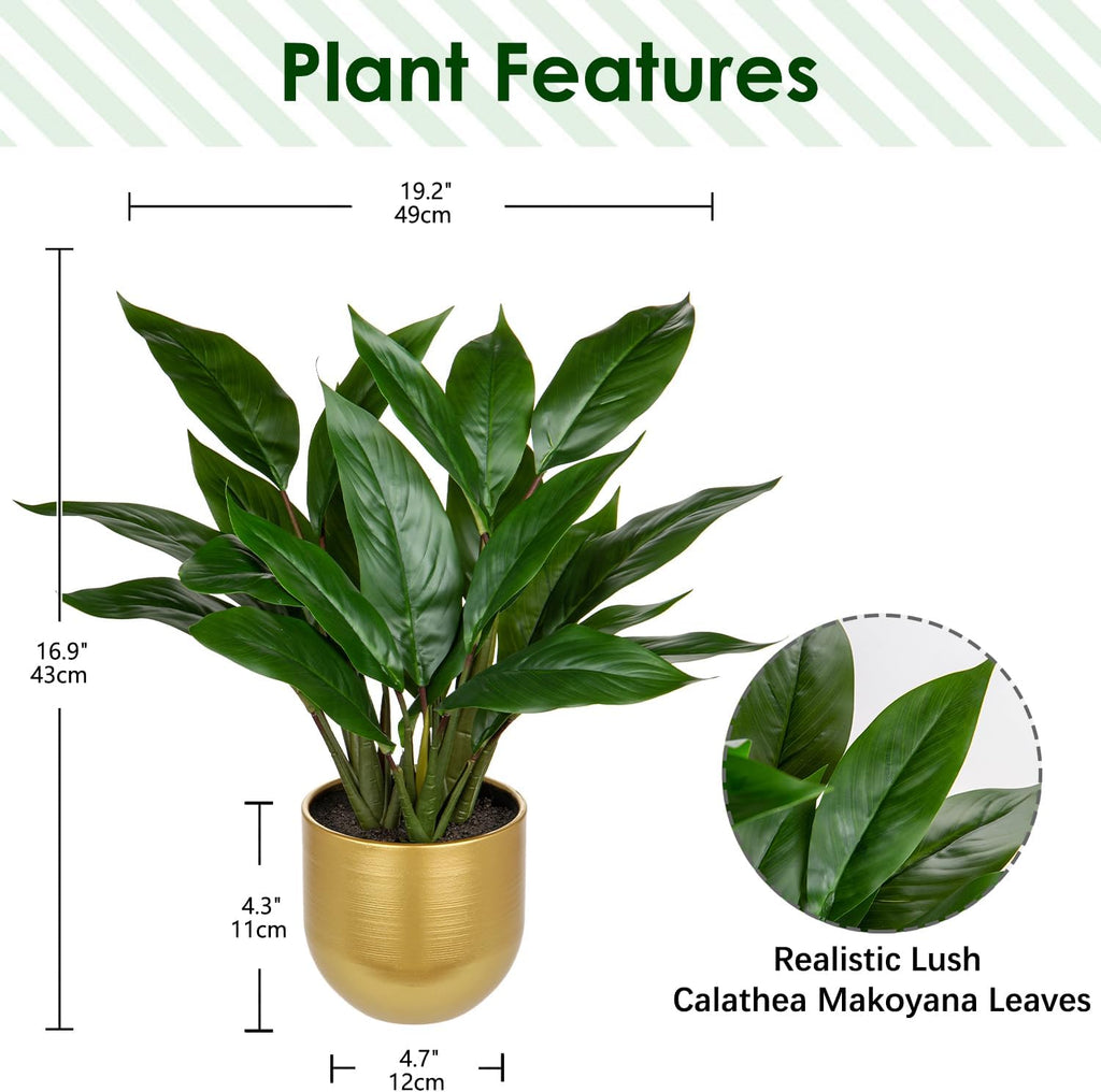 GnFlus Fake Plants 17'' Faux Plants Artificial Potted Plants Indoor Realistic Fake Cast Iron Plant Artificial Plants with Gold Pot for Home Office Farmhouse Kitchen Bathroom Table Shelf Decor