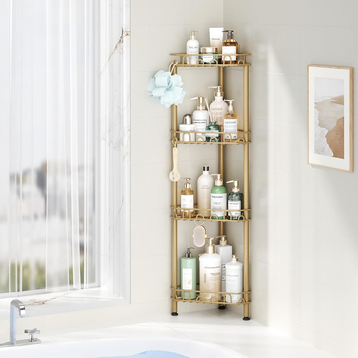 SWTYMIKI Standing Shower Caddy Corner - 4‑Tier Stainless Steel Shower Organizer Shelf with 12 Hooks and Adhesive Pads, Rustproof Corner Shelves Stand Rack for Bathroom Shower Room, Gold