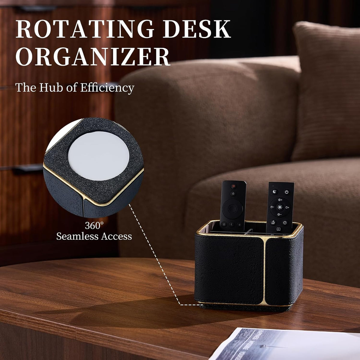 360° Rotating TV Remote Control Holder & Desk Organizer, Travertine-Look PU Leather, 0.421kg Wood Core, Removable Acrylic Divider (Black)