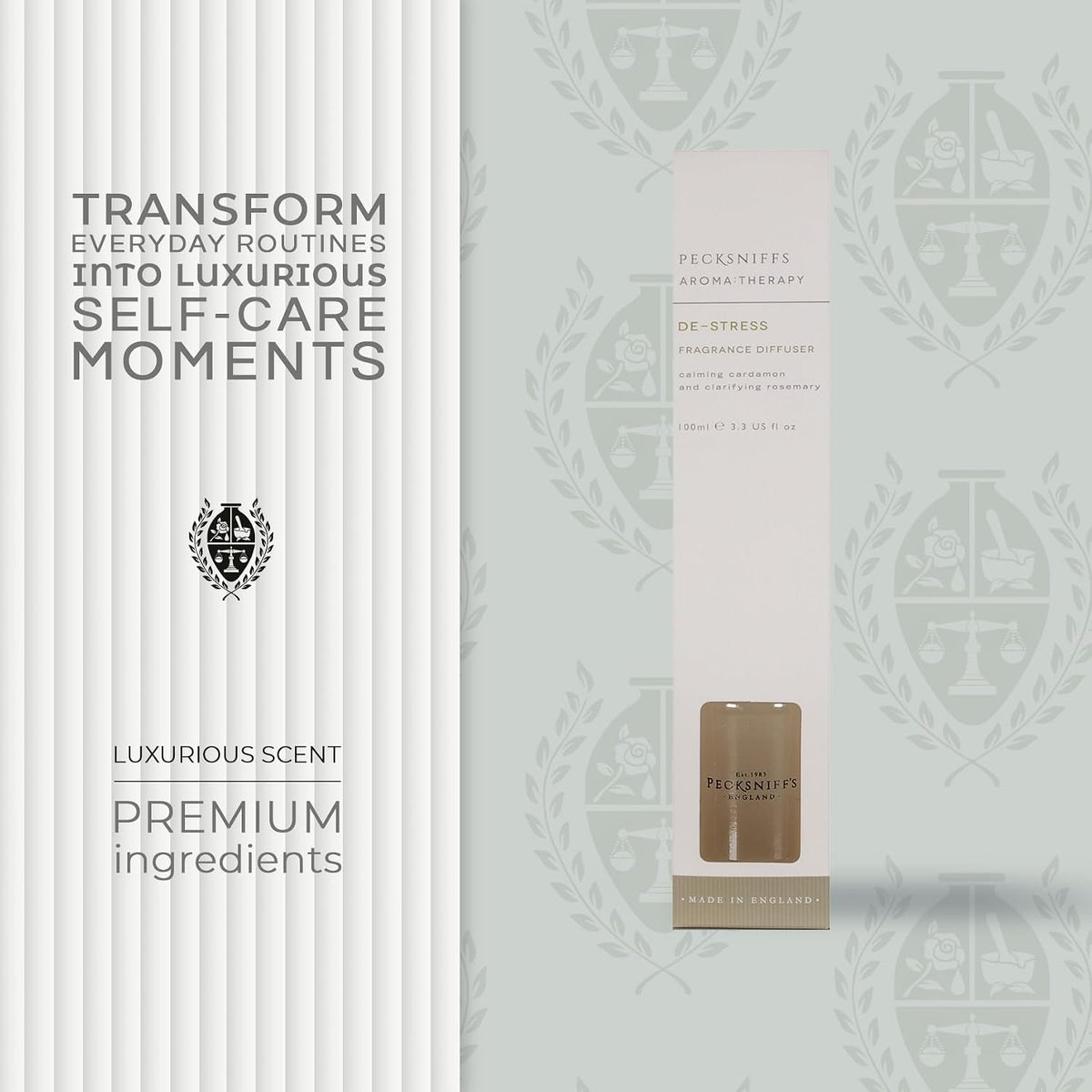 Pecksniff's Aromatherapy De-Stress Diffuser - Calming Cardamon & Clarifying Rosemary, 100 ml/ 3.3 fl oz
