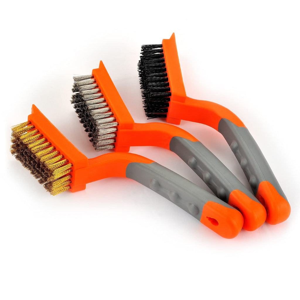MAXMAN Wire Brush Set 3Pcs, Brass/Steel/Nylon Bristles, Rust &Paint Remover