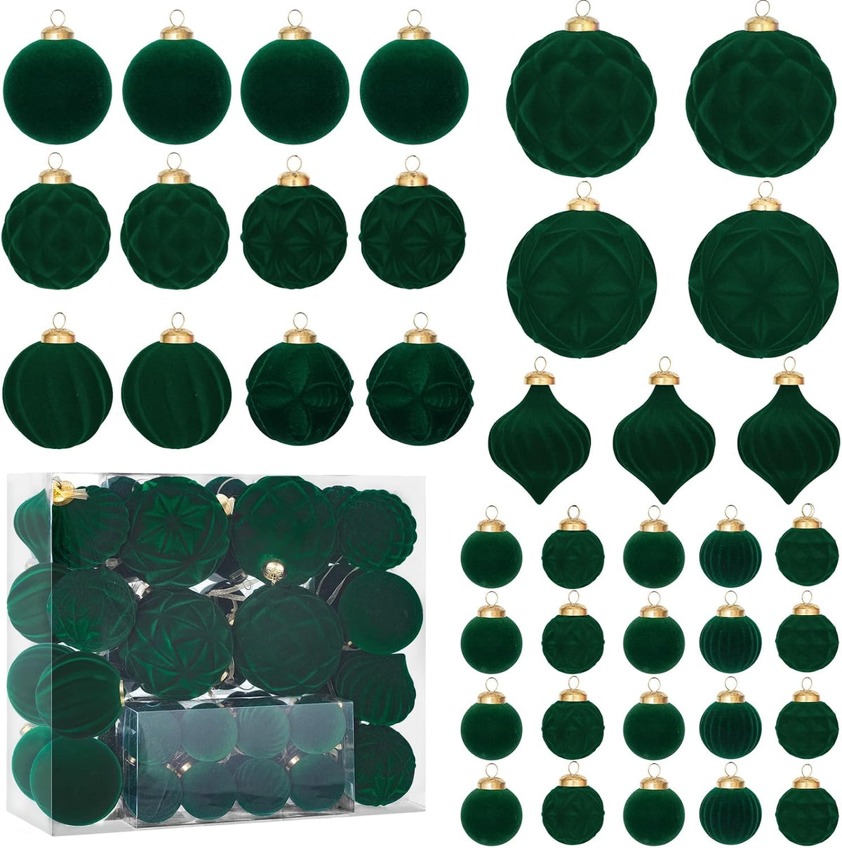 46PCS Velvet Christmas Ball Ornaments Set, Flocked Shatterproof Xmas Tree Decor, Assorted Hanging Ornaments with Loop for Holiday Home Decor, Christmas Tree, Mantel, Party Decoration (Dark Green)