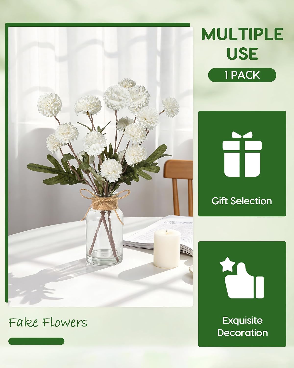 Velener White Faux Silk Mums Fake Flowers in Vase With Faux Water, Fake Plants Artificial Flowers For Home Decor Kitchen Bathroom Farmhouse Living Room Coffee Table Small Centerpieces For Table 1 Pack