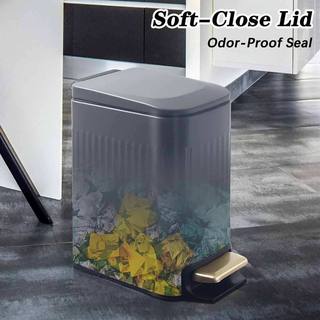 Soddeph Small Narrow Bathroom Trash Can with Lid Bathroom,1.6 Gallon Stainless Steel Wastebasket with Lid Soft Close,Slim Trash Can with Removable Inner Bucket for Toilet, Bedroom,Office (Gray)