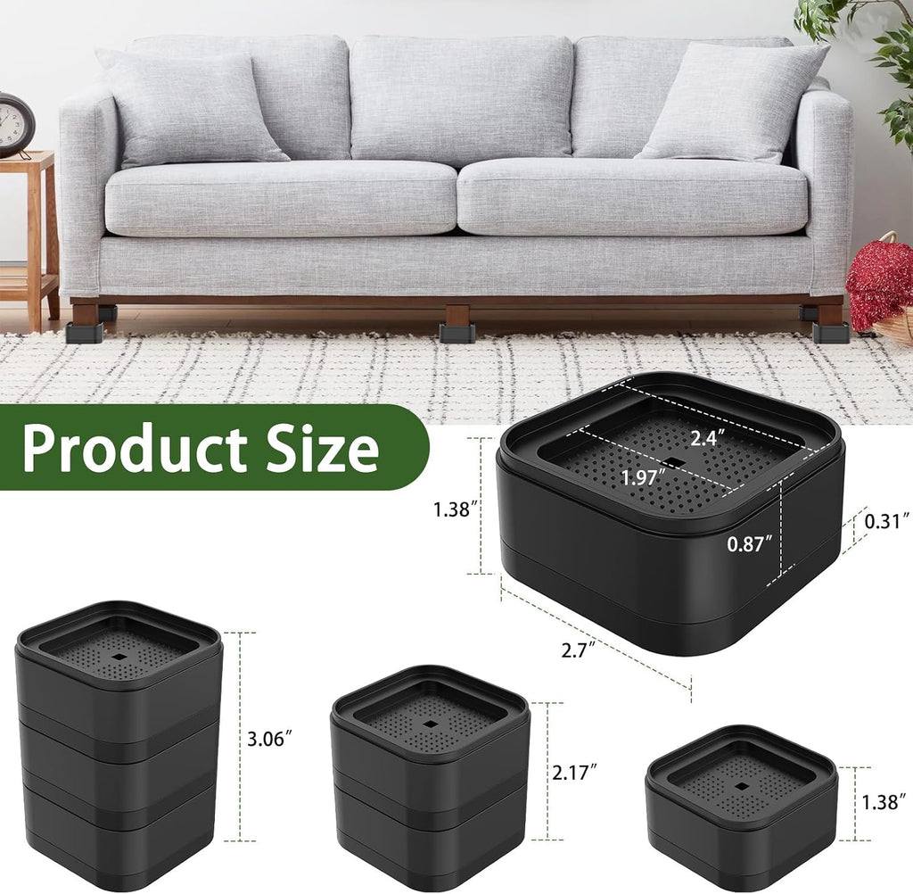 1.38 Inch Black Stackable Square Furniture Bed Risers