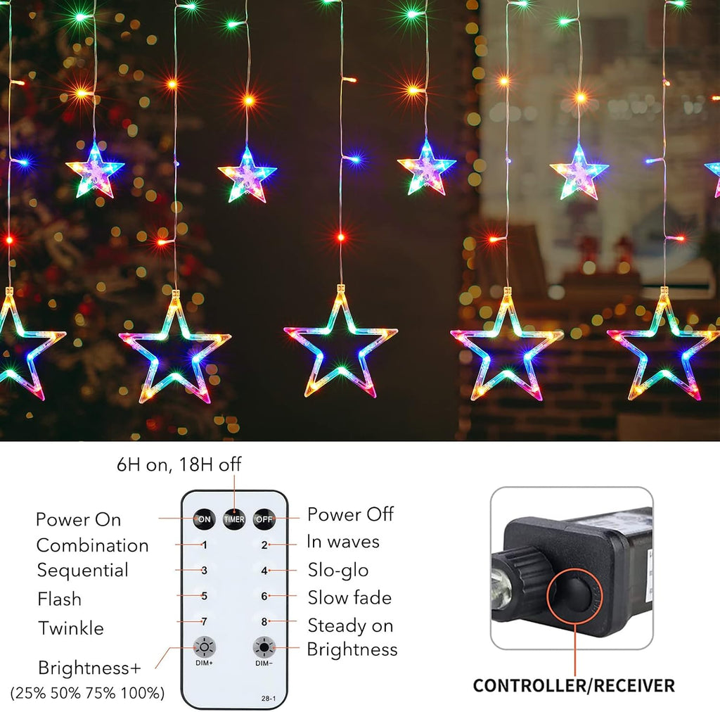 Star Curtain Lights for Bedroom - Plug-in 9ft 138 LED Fairy Twinkle Lights with 12 Star Drops, Connectable Window Lights with Remote 8 Lighting Modes for Indoor Xmas Ramadan Decoration, Multicolored