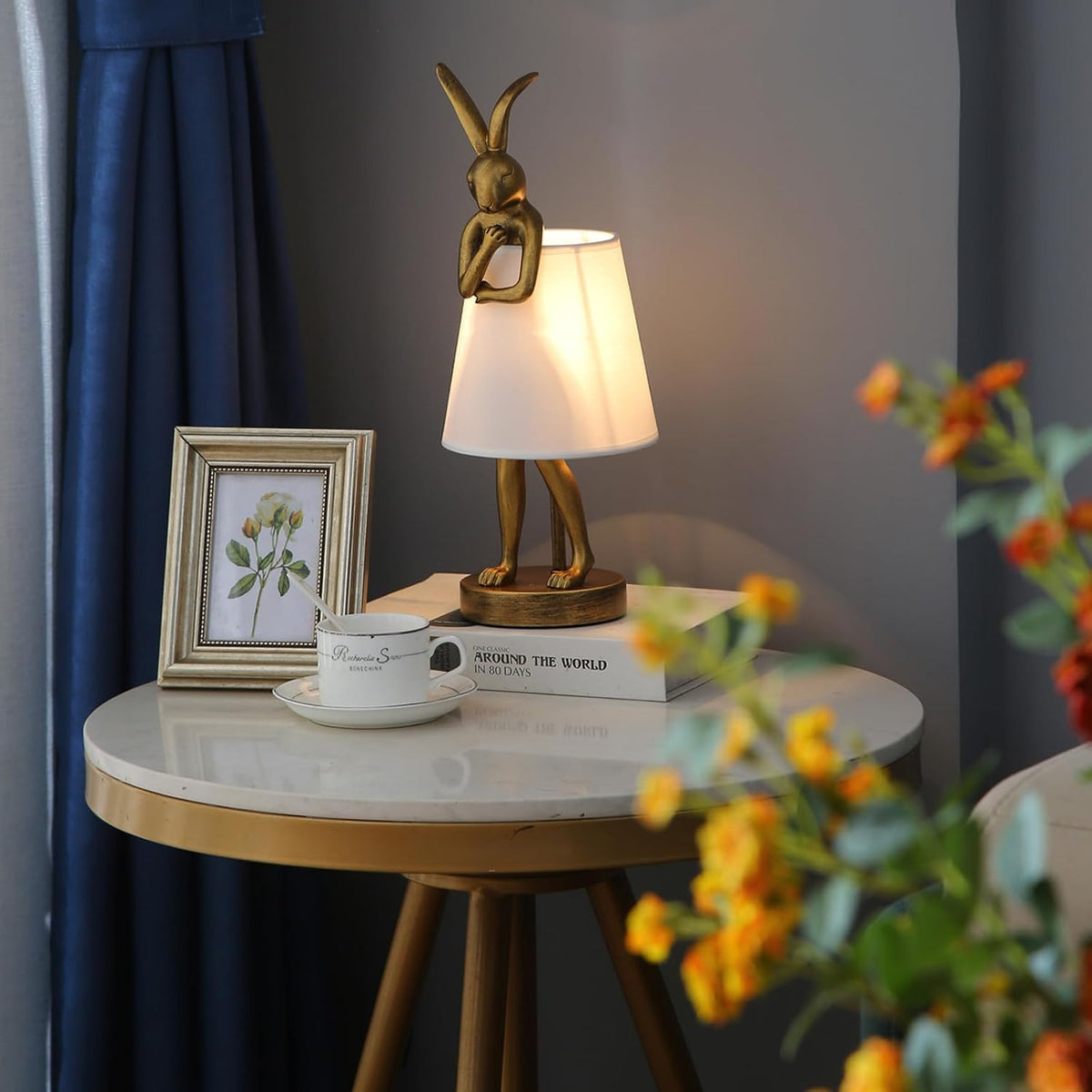 Resin Bunny Table Lamp 15.7"H White Fabric Shade LED Bedroom Study