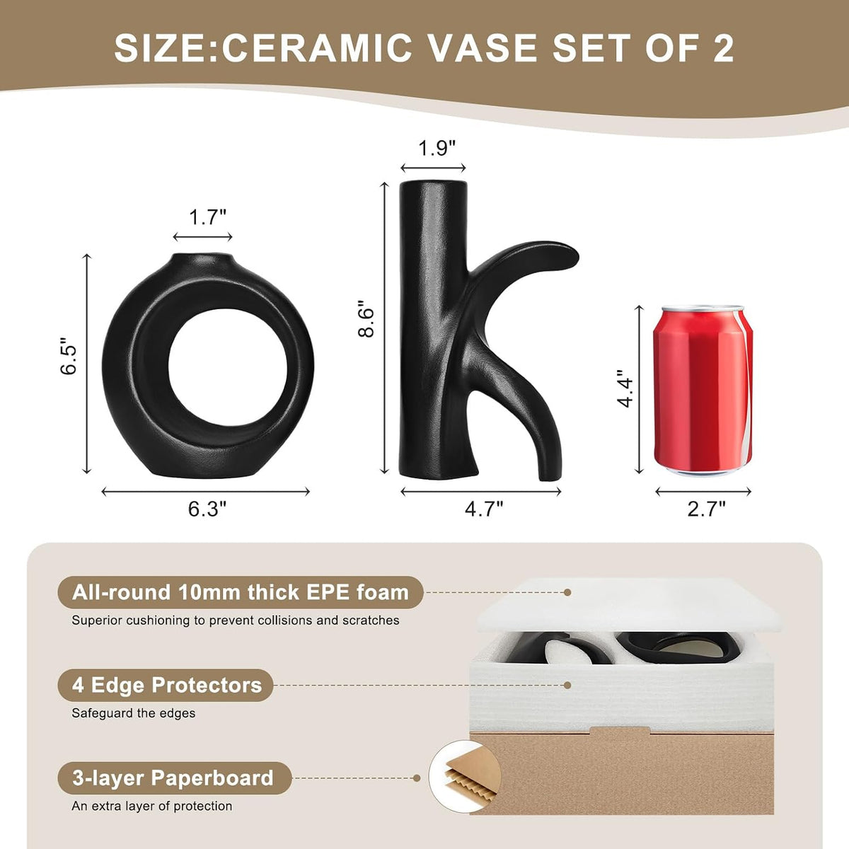 Assemble OK Ceramic Vase Set of 2 for Home Decor, Modern Boho Ins Style Matte Vase for Pampas Grass for Table Centerpiece, Living Room, Shelf, Mantle, Housewarming Gift (Black Vase)