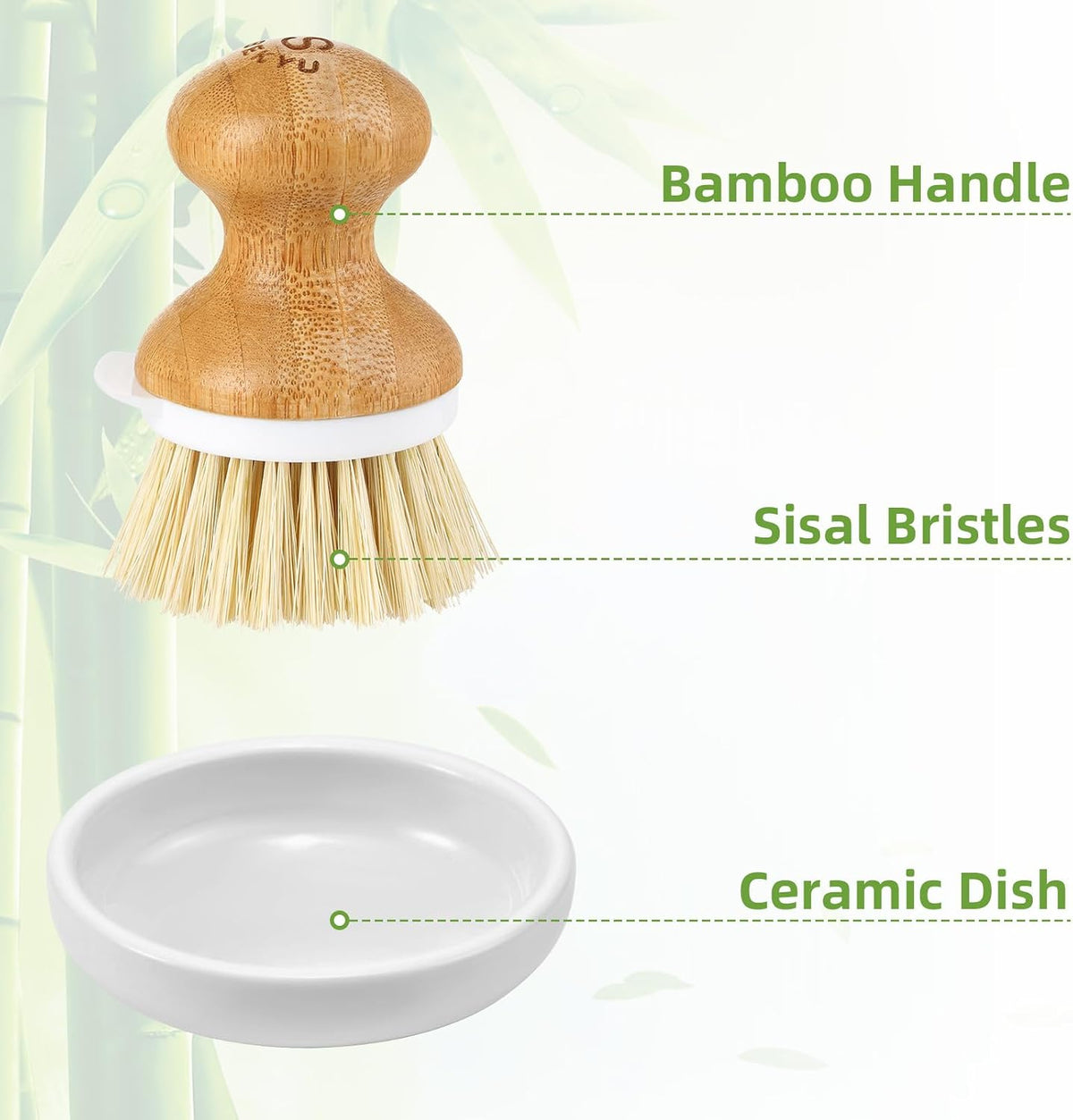 Bamboo Dish Brush,Sisal Brush with Scraper,1Pack with Ceramic Holder